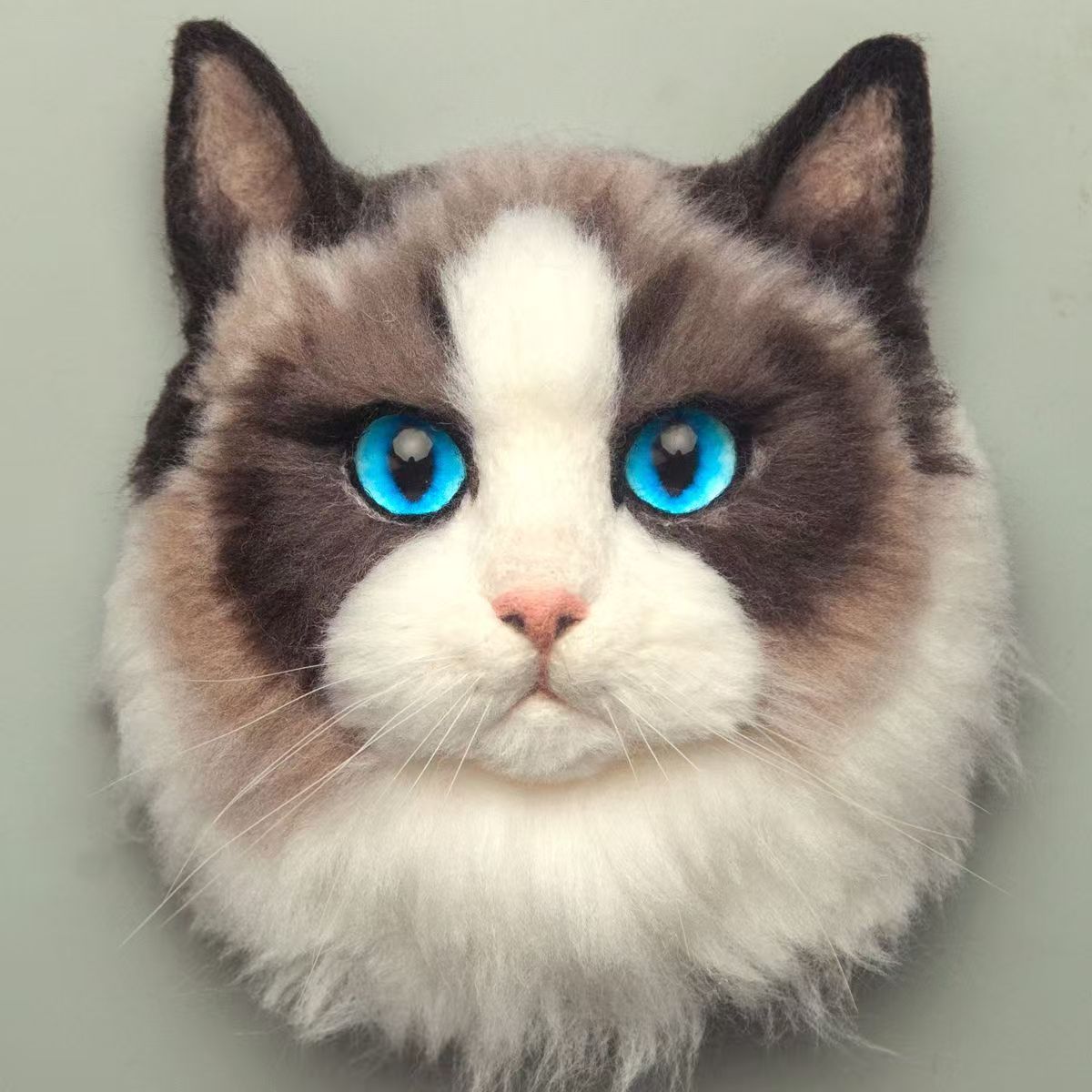 Cat head, long fur, multi-color.
