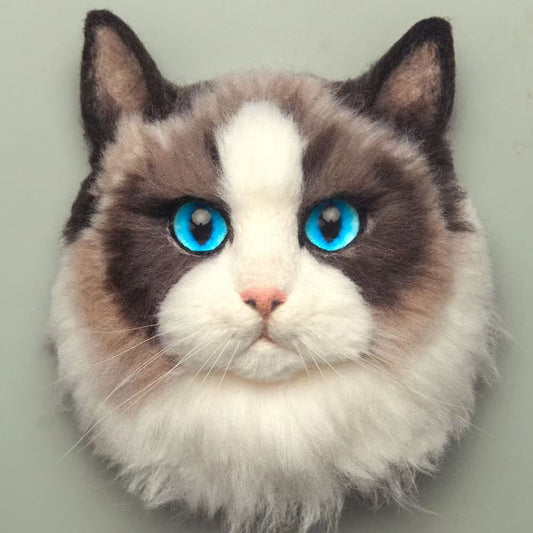 Cat head, long fur, multi-color.